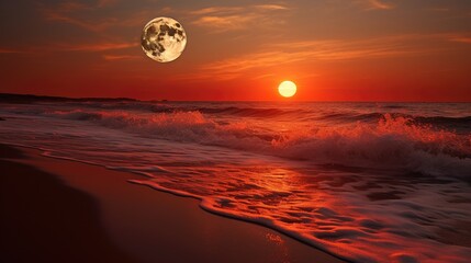 Canvas Print - The orange moon shines on the beach