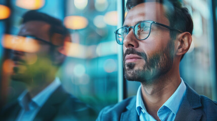 Wall Mural - A man in a suit and glasses is looking out a window