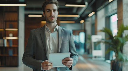 Wall Mural - a young entrepreneur holding a tablet device, with a sleek office environment in the background, offering plenty of space for text and branding