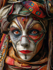 Wall Mural - Woman Wearing Elaborate Stage Make Up, Face Jewellery, Glitter Paint. Artistic Close Up. Carnival, Festival, Performance, Opera, Movie, Theatre Play. Actor, Dancer, Fantasy Character, Face Art Model