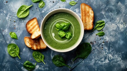 Sticker - Green spinach veggie cream soup in white bowl with fresh leaves and toasts on blue concrete background viewed from above