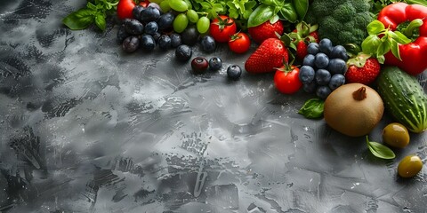 Wall Mural - Vibrant display of fresh fruits and vegetables on a concrete background. Concept Healthy Eating, Fresh Produce, Food Photography, Colorful Display, Farm to Table