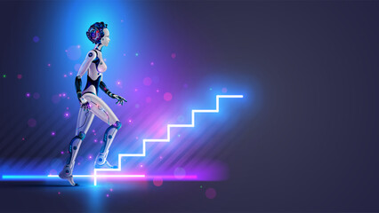 Leinwandbilder - Woman robot or cyborg with AI goes up futuristic stairs in full growth. AI or artificial intelligence learning concept. AI Future technology. Computer neural network training in image of female robot.