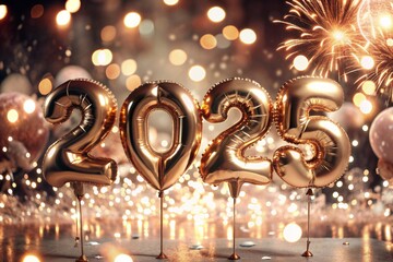 Wall Mural - Happy New Year 2025. Helium balloons made of gold foil with the numbers 2025 and confetti on a black background. A festive poster or banner for a party and New Year's Eve.