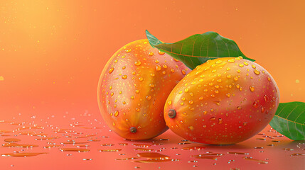 Wall Mural - Fresh fruit. Healthy food. 3d Realistic mangoes with leaves. Close-up ripe mangoes on the tree with water drops. Tropical fruit concept