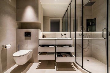 Minimalistic Scandavinian bathroom with vanity mirror and cabinet with toilet towels and papers