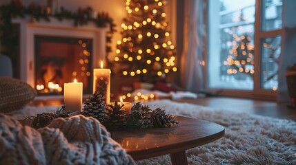 Wall Mural - Cozy Winter Living Room with Candles and Christmas Tree Lights during Holiday Season