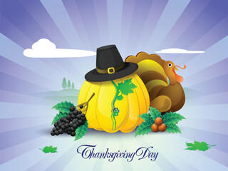 Sticker - Happy Thanksgiving Day Greeting Card Design with fruits, vegetables, pilgrim hat and turkey bird on abstract purple rays background.