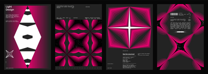 Abstract poster design set. Vertical format wall art, interior mockup. Magenta, white, black composition. Geometric neon illustration with space and y2k style elements.