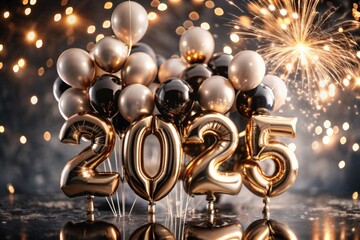 Sticker - Happy New Year 2025. Helium balloons made of gold foil with the numbers 2025 and confetti on a black background. A festive poster or banner for a party and New Year's Eve.