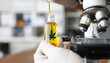 © H_Ko - Focus on male hand holding glass bottle with cannabinoid oil. Pharmacist dripping medicine drops in flask. Healthcare and marijuana concept. Blurred background