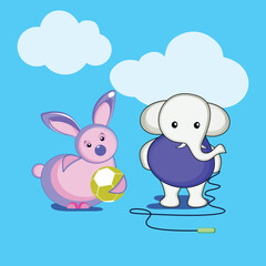 Sticker - Cartoon Illustration of Cute Rabbit and Elephant Animals Playing Football.