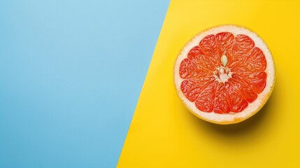 Sticker - Minimalist grapefruit slice on blue and yellow background with space for text