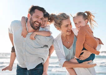 Canvas Print - Smile, parents and kids in portrait on beach for holiday adventure together on tropical island for fun. Mother, father and children on ocean vacation for happy travel, family and bonding in Australia