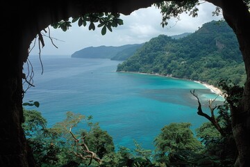 Wall Mural - Lush Green Mountains and Turquoise Waters of a Tropical Island