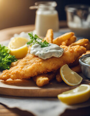 Wall Mural - crispy fish and chips with artisan tartar sauce and a slice of lemon