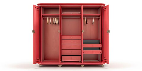 Luxury modern red wooden wardrobe with slide out rack, drawer and coat hangers on white background 