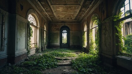 Wall Mural - abandoned palace interior with overgrown vines and crumbling walls