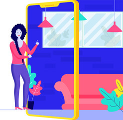 Canvas Print - augmented reality concept with a girl using smartphone connected to home with living room scene illu