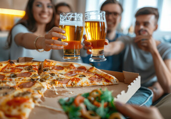 Canvas Print - A group of friends laughing and clinking beer bottles, sitting around an open pizza box on the table in their living room