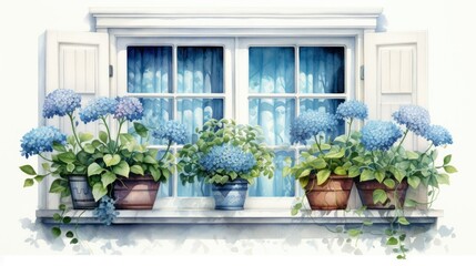 Sticker - A window with blue shutters and potted flowers 