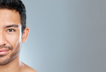 Wall Mural - beauty, dermatology and half portrait of man in studio on gray background for cosmetic wellness. gro