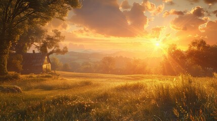 Wall Mural - Golden hour sunlight on peaceful countryside