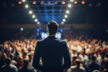 Wall Mural - Generative AI illustration motivational speaker with microphone in hand in front of audience at conference room