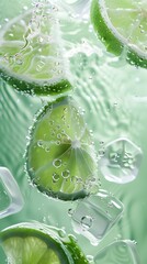 Poster - ice cubes in the water  with lime slices and a green background