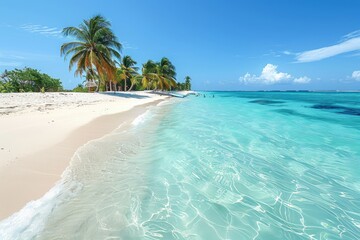 Wall Mural - Tranquil Tropical Beach Scene With Palm Trees and Crystal Clear Water on a Sunny Day