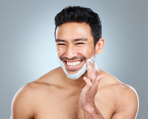 Wall Mural - beauty, grooming and shaving with portrait of man in studio on gray background for cosmetic wellness