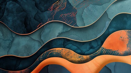 Wall Mural - An abstract design with wavy lines, textured blue and orange shapes, and thin gold accents.