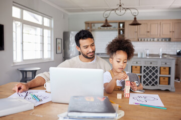 Canvas Print - Father, girl and learning with homework in home for creative development, education or homeschool lesson with remote work. People, laptop and child with building blocks for study in dining room