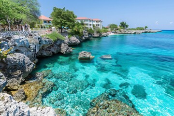 Wall Mural - Tropical Resort on a Clear Day With Blue Water and Rocky Shore