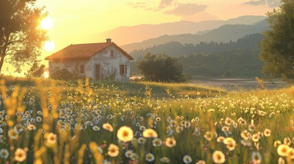 Wall Mural - Golden hour sunlight on peaceful countryside