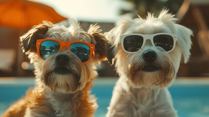 Wall Mural - Two dogs wearing sunglasses, looking at the camera.