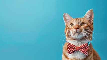 Wall Mural - A ginger cat wearing a red bow tie, looking up.