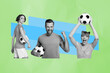 © deagreez - Poster collage picture of young team football fan supporter game fifa match hand hold ball isolated on creative background