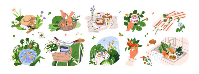 Countryside rural set. Bicycle, flowers in basket, picnic, garden table, tea in hand. Cozy cottagecore aesthetic, style, mood. Summer nature. Flat vector illustrations set isolated on white background