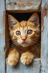 Wall Mural - A cute orange kitten is peeking out of a window. The kitten has a curious and playful expression on its face