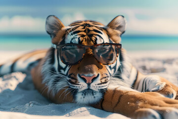 Wall Mural - Tiger with sunglasses on the beach. 