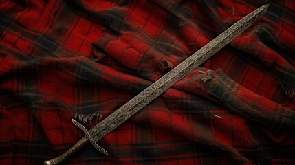 Ornate Sword on a Red and Black Plaid Blanket