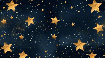 Canvas Print - a seamless pattern of gold stars with a glitter effect on a dark blue background.