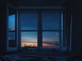 Open Window with Night Sky View, A Serene Nocturnal Scene