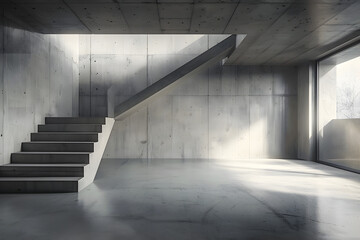 Sticker - abstract empty modern concrete room with stairs indirect light from the left and rough floor industrial interior background template