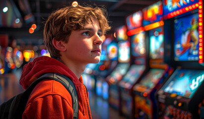 A boy in a red hoodie is looking at a row of video game machines. The boy is wearing a backpack and he is interested in the games