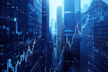 Wall Mural - Stock Market Graph Overlaying on Abstract Urban Cityscape Background