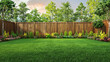 ©  Mohammad Xte - Green Grass Lawn, Flowers, and Wooden Fence in Summer Backyard Garden: Idyllic Outdoor Scene