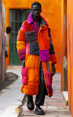 Wall Mural - A man wearing a colorful, patchwork coat walks down a street. The coat is made of fur and has a patchwork design.