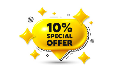 10 percent discount offer tag. Chat speech bubble 3d icon. Sale price promo sign. Special offer symbol. Discount chat offer. Speech bubble banner. Text box balloon. Vector